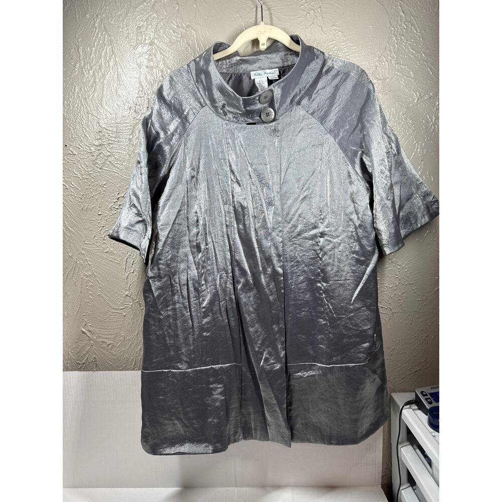 Ulla Popken Womens Mock Neck Short 3/4 Sleeve Pewter Silver Tunic Plus Sz 16/18